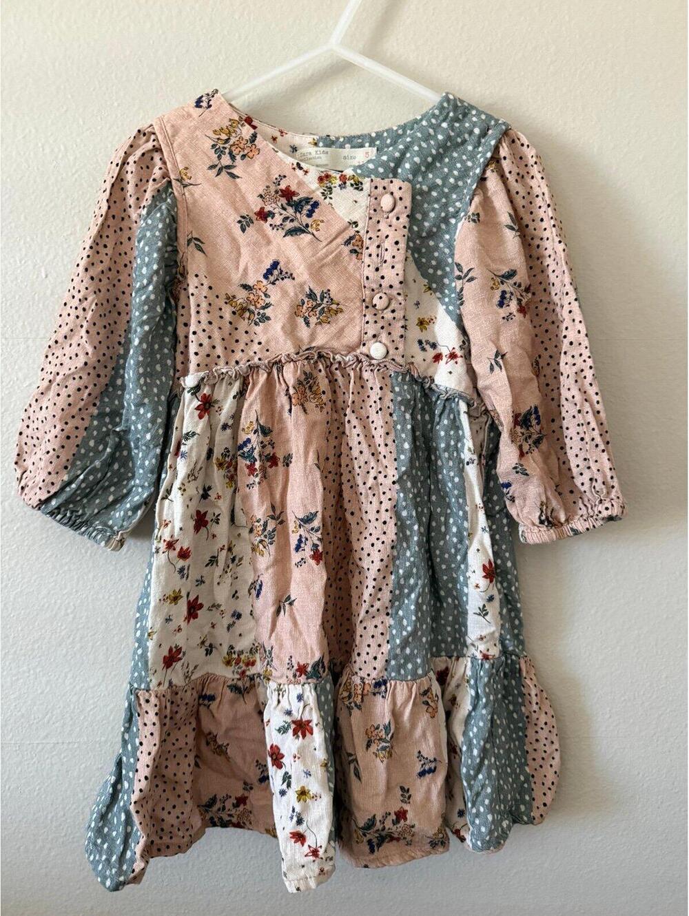Zara Kids Dress Girls Size 5 Patchwork Floral Polka Dot Boho Long Sleeve